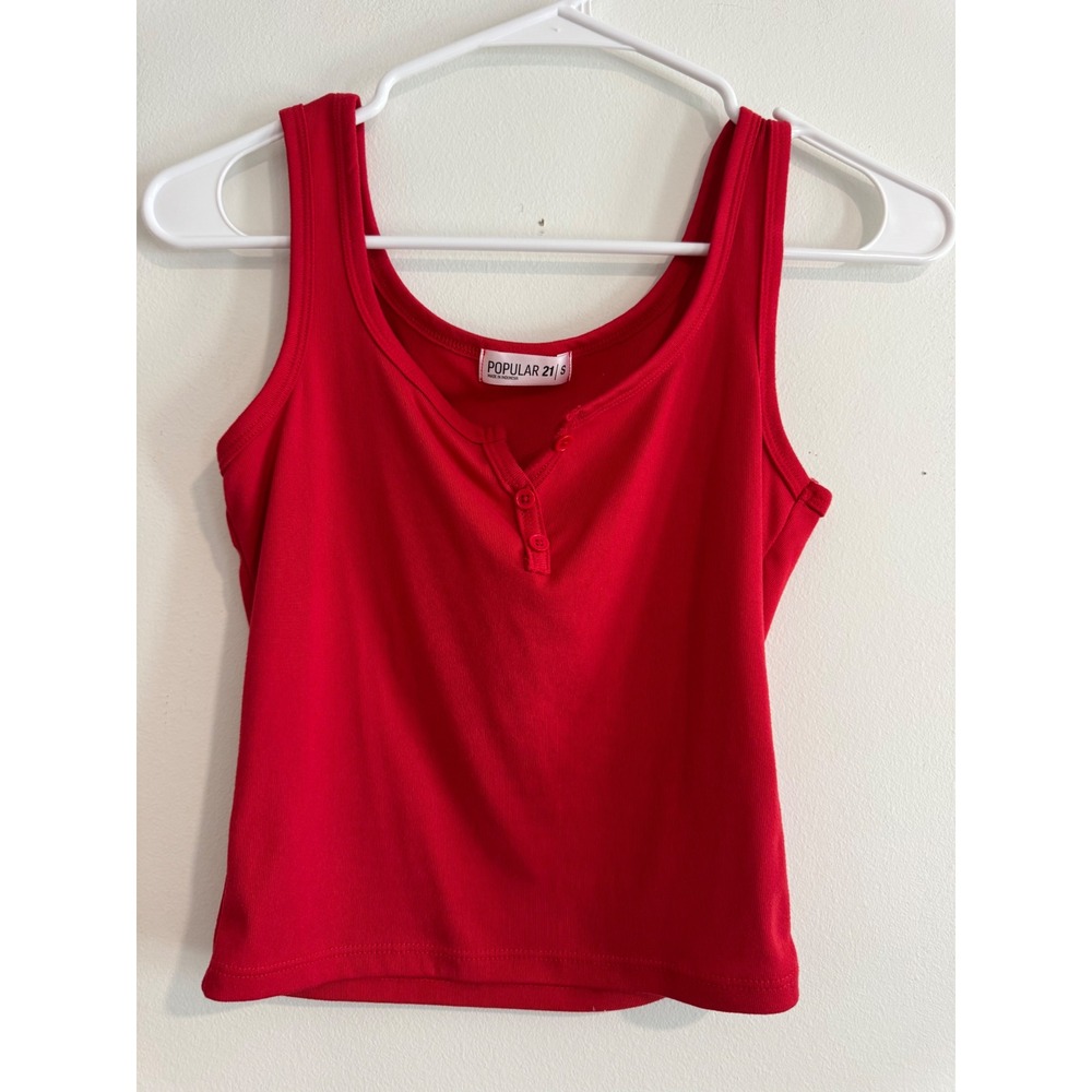 Popular 21 Ribbed Henley Tank Top Womens Small Red Sleeveless Button Scoop Neck